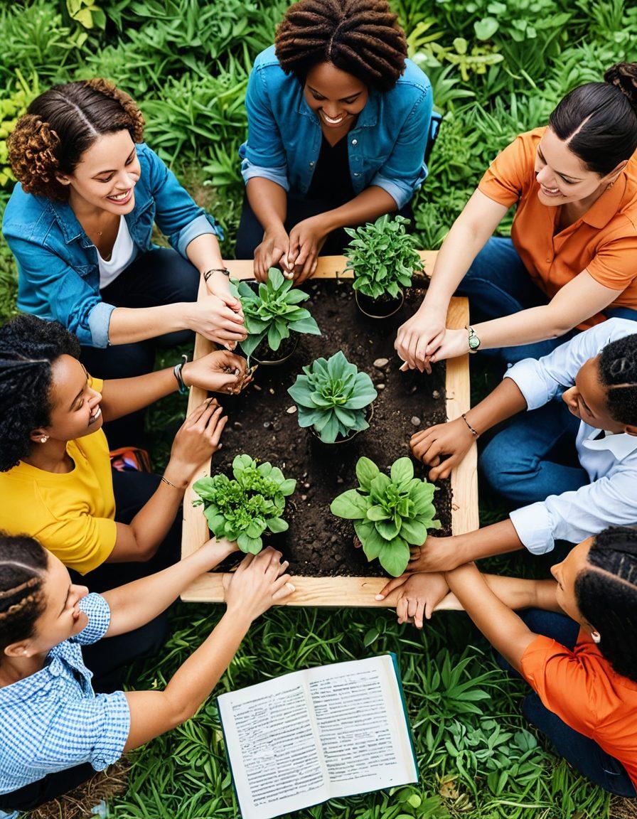 A vibrant collage depicting diverse individuals engaged in various activities that foster community engagement, such as sharing books, planting a garden together, and enjoying a communal meal. Include elements of connection like intertwined hands and colorful speech bubbles representing conversations. Capture the essence of warmth, collaboration, and inclusivity. super-realistic. vibrant colors. 3D.