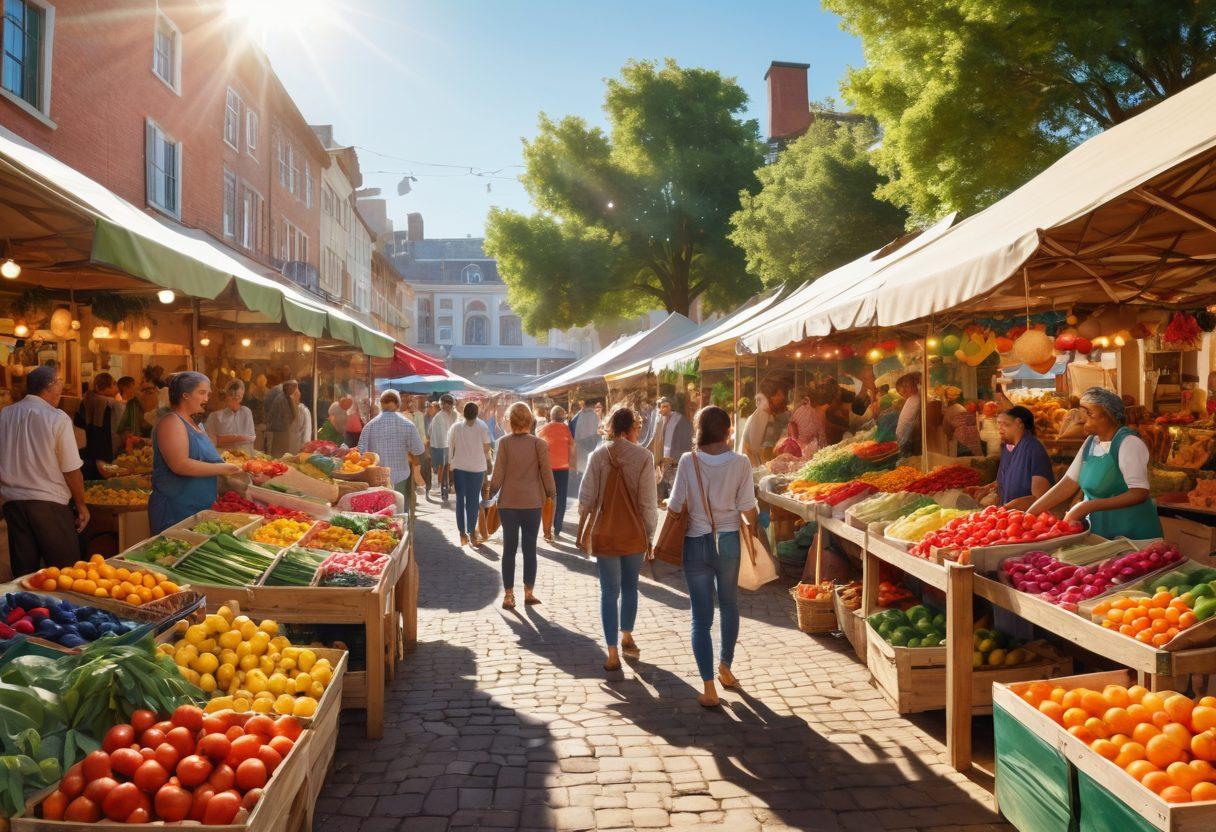 A vibrant illustration portraying a diverse group of people engaging in a lively community exchange, with colorful market stalls showcasing handmade crafts and fresh produce. In the background, children play together while adults collaborate on a community project, symbolizing unity and collaboration. Bright sunlight bathes the scene, enhancing the sense of warmth and connection. super-realistic. vibrant colors. lively atmosphere.