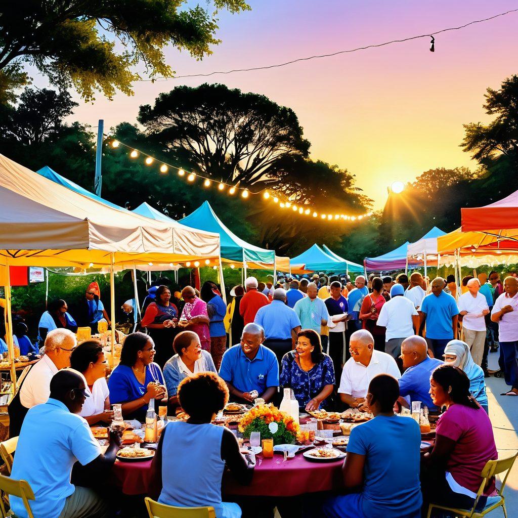 A vibrant community gathering scene showcasing diverse individuals engaging in meaningful conversations, exchanging ideas, and forming bonds. Include elements like colorful banners, food stalls, and group activities, symbolizing networking and camaraderie. Visualize a warm sunset in the background to evoke a sense of connection. super-realistic. vibrant colors. 3D.
